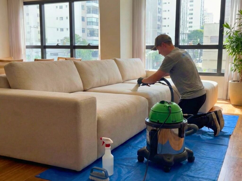 Home 2 Profissional da AMS Cleaner realizando limpeza de sofá com extratora profissional em sala de estar moderna.