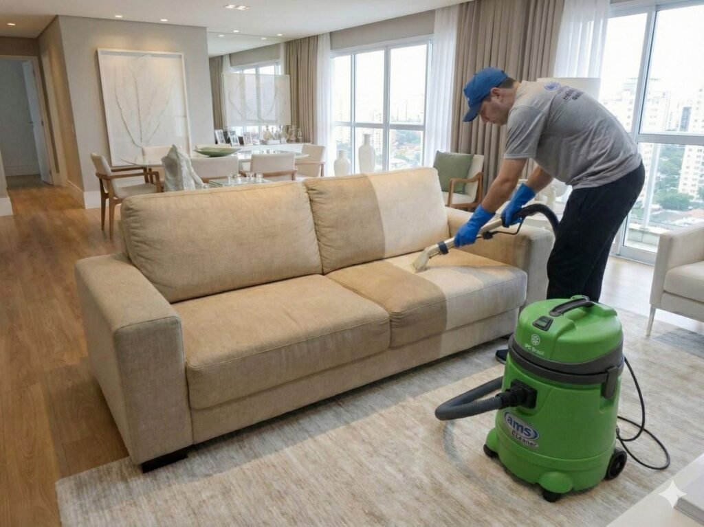Home 3 Técnico da AMS Cleaner realizando limpeza profissional de estofados de linho com extratora IPC Brasil, mostrando o contraste de limpeza em sala decorada.