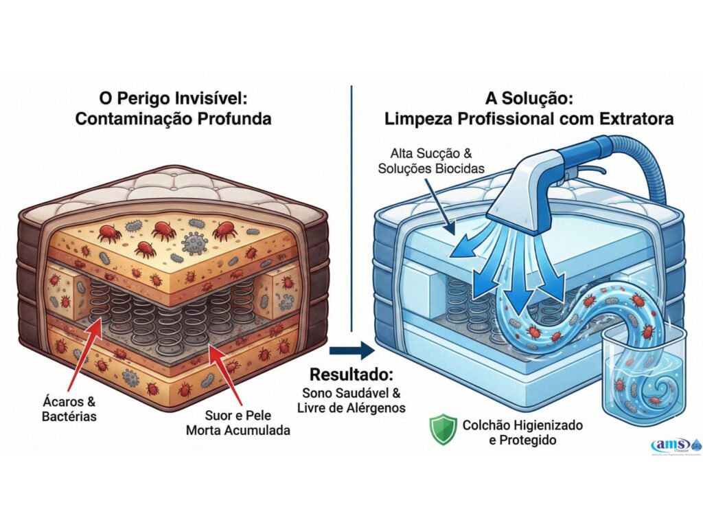 Limpeza de Colchão em São José dos Pinhais: O Segredo para Mais Saúde, Higiene Absoluta e Conforto Incomparável 1 Infográfico demonstrativo comparando o interior de um estofado antes e depois da limpeza de colchão. À esquerda, a contaminação invisível com ácaros, suor e bactérias nas camadas profundas e molas. À direita, a ação de uma máquina extratora profissional que suga todas as impurezas, resultando em um sono saudável e um ambiente livre de alérgenos.