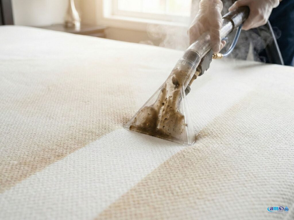 Home 2 Profissional realizando a Limpeza de colchão em São José dos Pinhais com máquina extratora, mostrando a remoção de sujeira profunda e a diferença entre a área limpa e a suja.