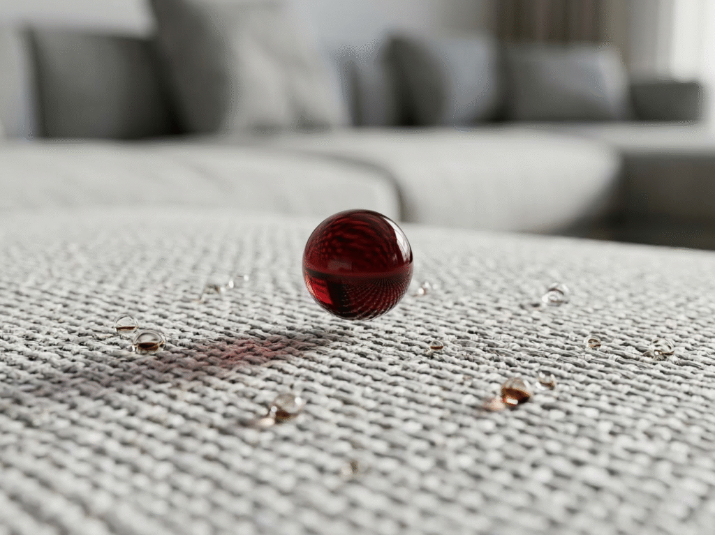 Home 2 Macro de gota de vinho perolando sobre tecido de linho protegido por impermeabilização de estofados profissional da AMS Cleaner em São José dos Pinhais.