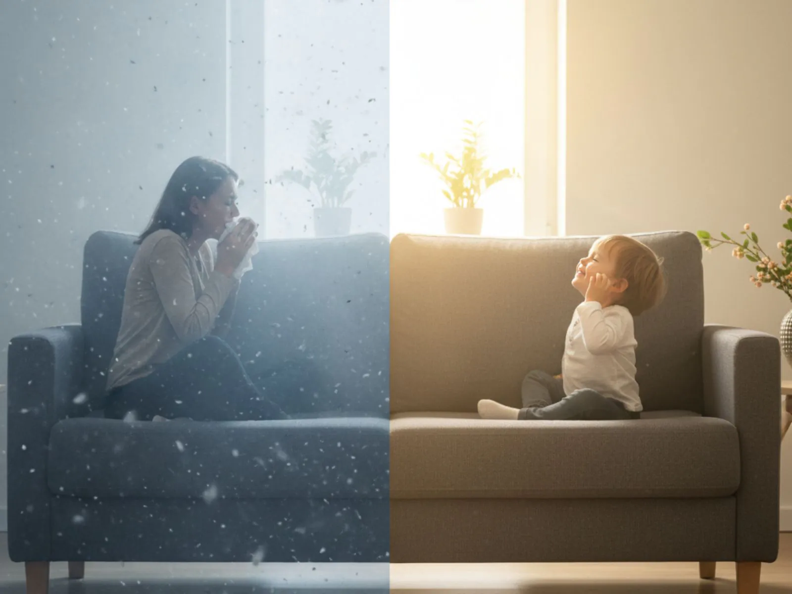 Imagem dividida de sofá, mostrando mulher com alergias em ambiente com ácaros à esquerda e criança feliz em sofá limpo e sem alérgenos à direita.